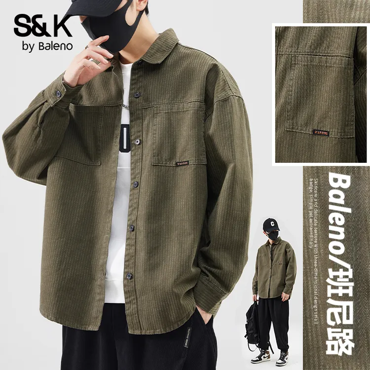 班尼路男长袖衬衫秋季新款日系翻领纯棉休闲上衣服时尚男装衬衣潮