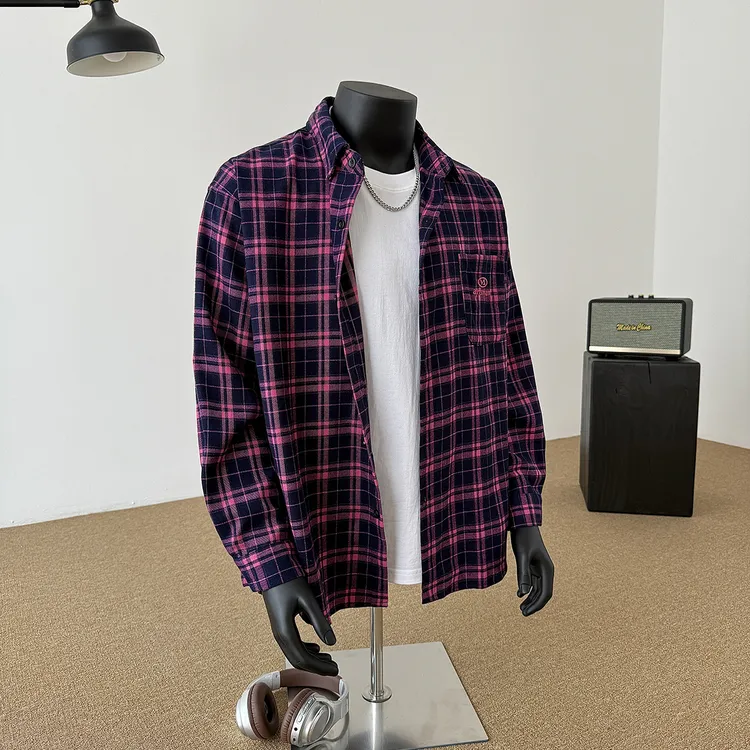 美式复古刺绣百搭格子防晒衬衫男潮牌长袖宽松春秋季小众衬衣外套