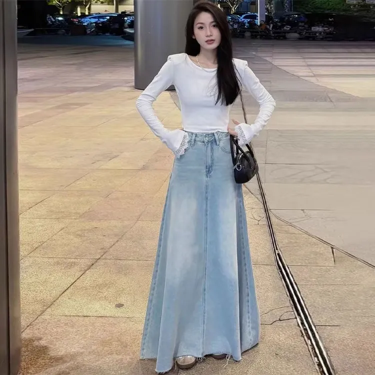 高腰水洗牛仔半身长裙女春秋中长款裙摆毛边鱼尾大摆A字裙子20237
