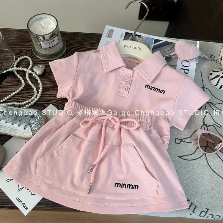女童夏装粉色套装儿童洋气时髦夏季女宝POLO衫裙子两件套