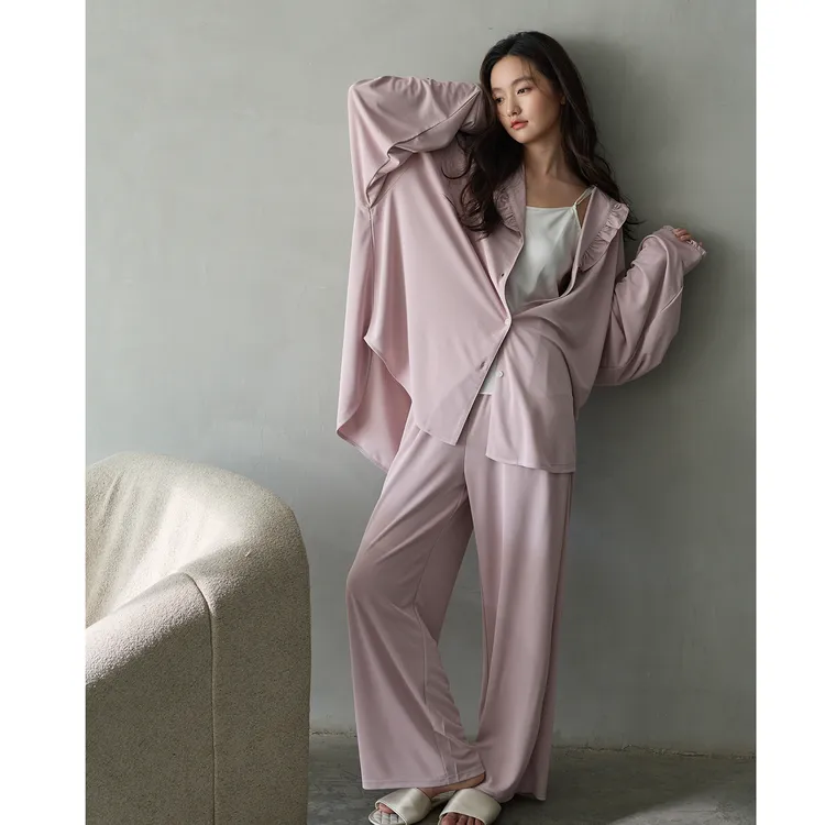 美腾睡衣女款春秋季柔软棉长袖翻领粉色家居服抗菌秋冬可外穿套装