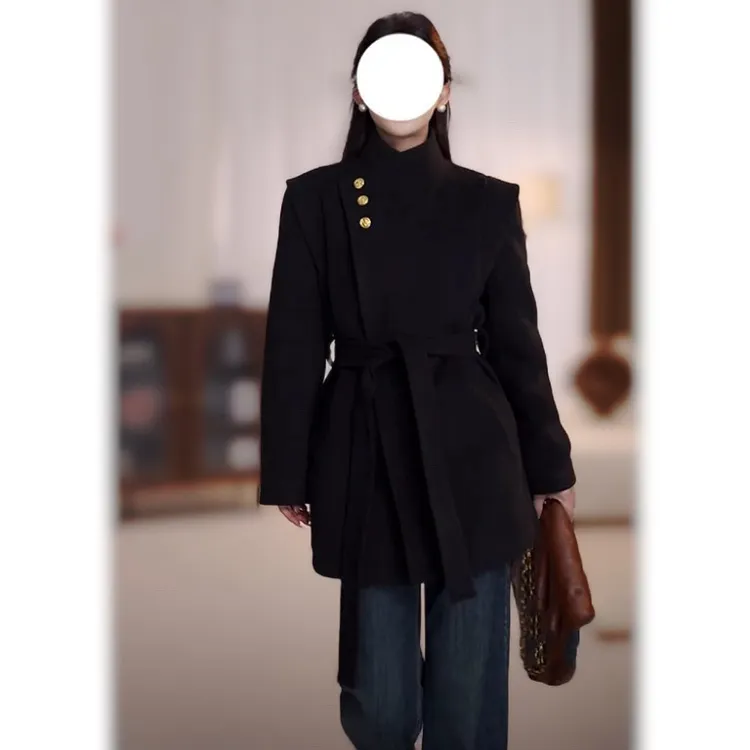 大码赫本风收腰黑色中长款加厚毛呢外套秋冬时尚气质百搭显瘦大衣