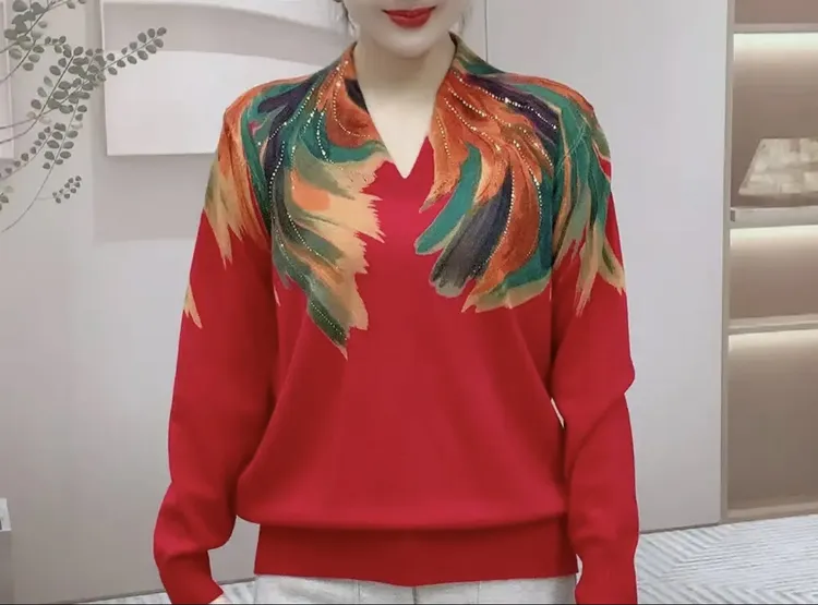 印花长袖V领毛针织衫时尚休闲宽松春秋上衣气质春季百搭网红