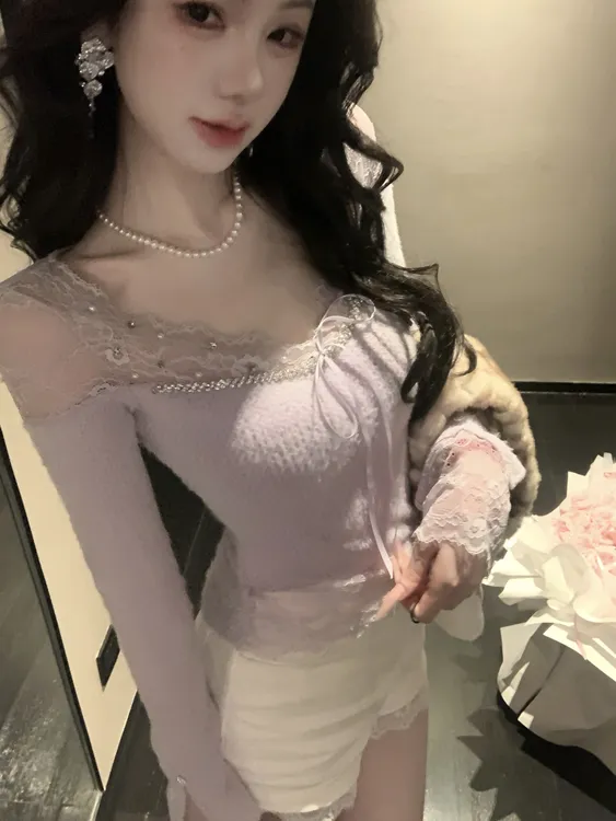 【雅乔定制】柔柔奶芙 蕾丝拼接毛织打底上衣女长袖DYCC-25088329