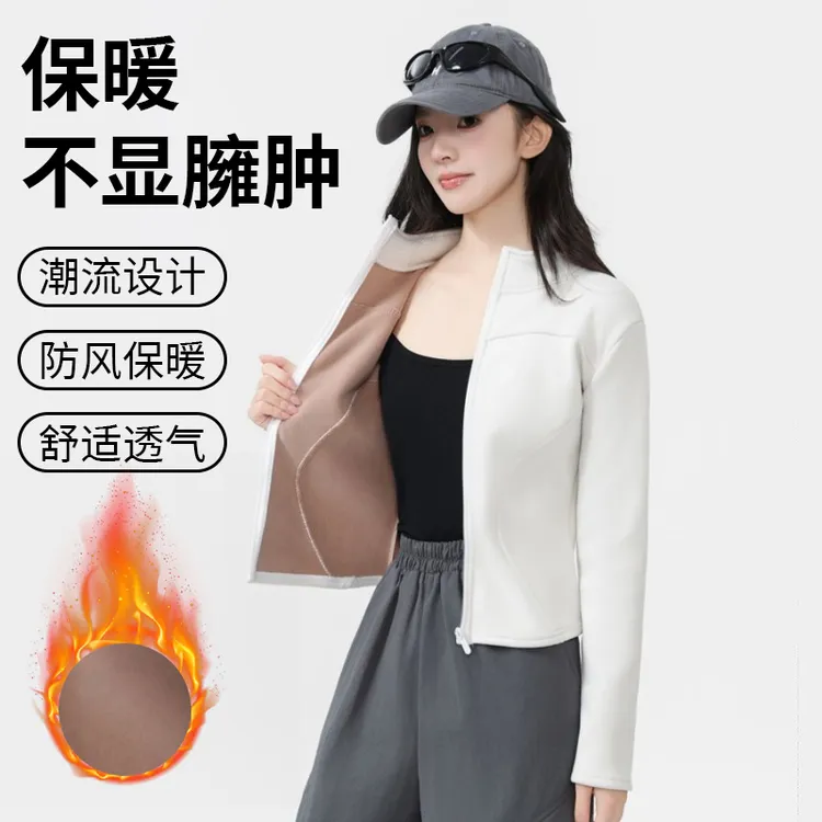 【原版】秋冬加厚纯色保暖立领女短外套显瘦休闲开衫GG