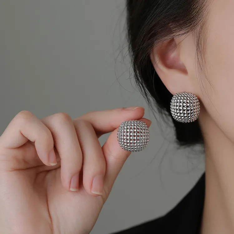 足银耳饰 999银针镂空方块耳钉轻奢气质设计感耳环女小众时尚个性