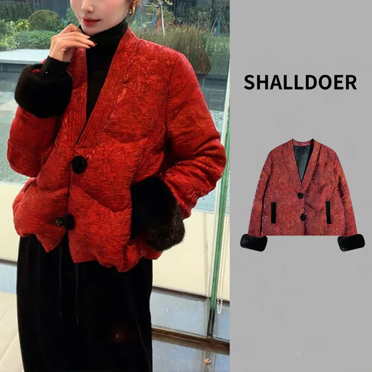 复古轻熟风国风短款棉服2025冬季新款提花纹理毛绒袖口自在简约