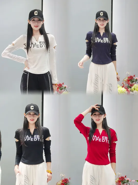 D6853长袖开口字母V领莫代尔T恤显瘦印花短款辣妹