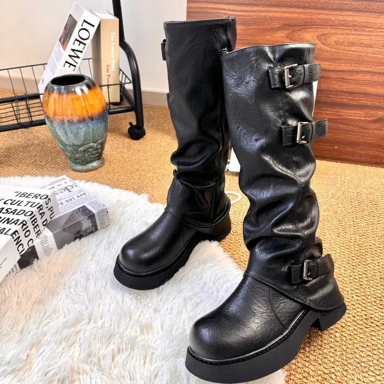 美拉德风靴子腿粗穿搭平底圆头长筒靴秋季西部牛仔靴堆堆靴骑士靴