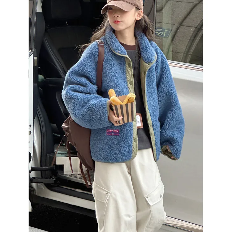 K30170双面穿女童夹棉外套2025新款秋冬装儿童上衣大童加厚毛毛衣
