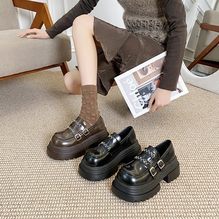 贾不假韩系单鞋女2025春季新款潮流复古时尚小个子粗跟通勤小皮鞋