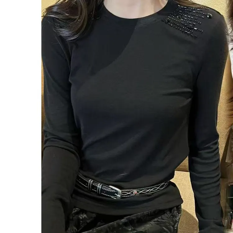KIKI严选：96131-M家南油欧货秋季肩膀钉珠单穿打底衫长袖T恤