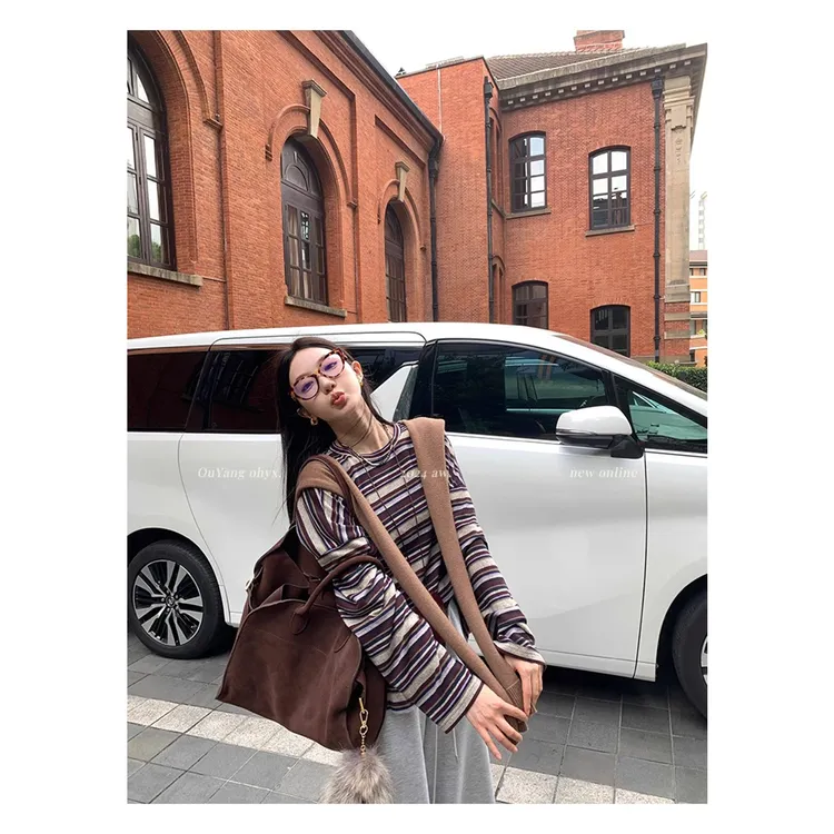 林木木条纹针织长袖T恤女秋冬圆领内搭打底衫宽松复古慵懒上衣