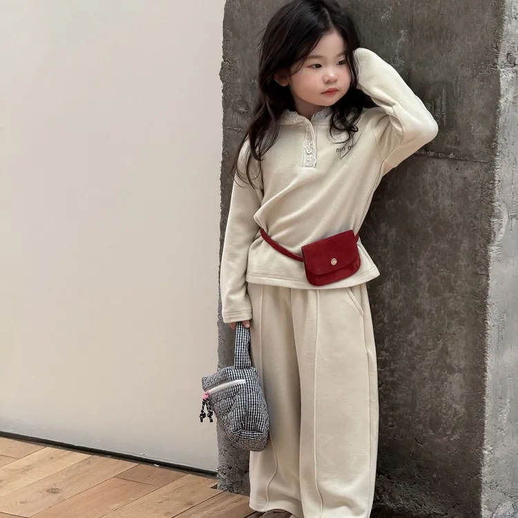 小思家2025秋季新韩版童装女童休闲慵懒风蕾丝连帽卫衣直筒裤套装