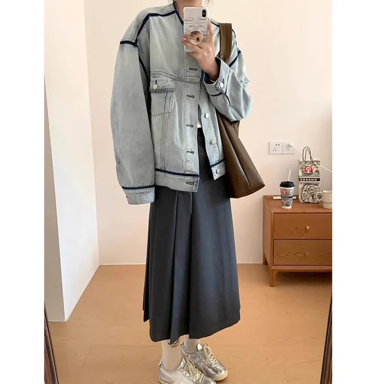 复古水洗牛仔外套女秋季新款时尚炸街做旧上衣宽松单排扣美式夹克