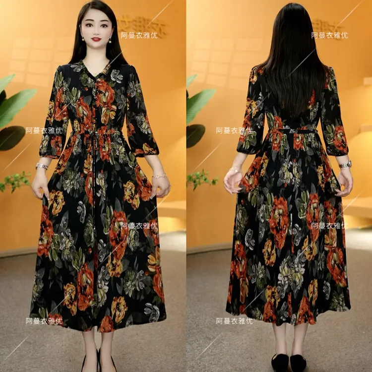 【衣雅严选】8102-2222#夏季新款简约款花边领系带中长袖连衣裙