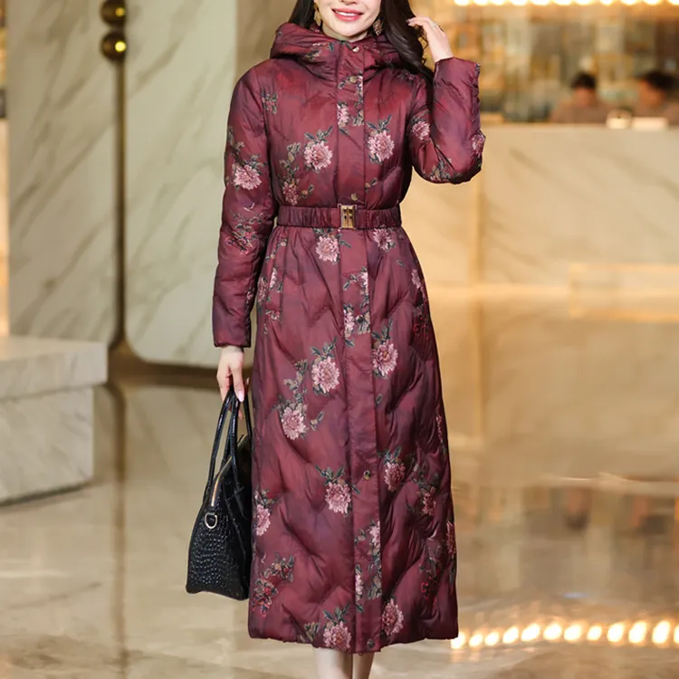 新款白鸭绒90羽绒服中长款冬季印花刺绣羽绒外套收腰气质保暖加厚