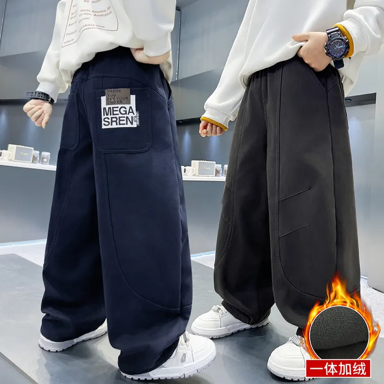 男童裤子休闲裤加绒加厚秋冬季大童冬款帅气一体绒工装裤初中生潮