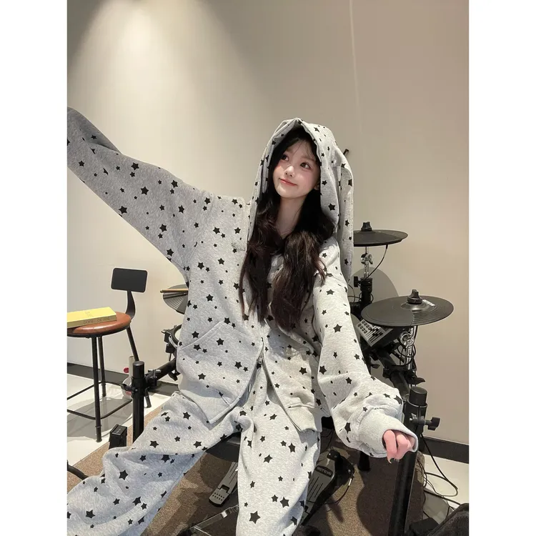 可爱星星印花兔耳朵连帽睡衣女2025春秋季新款长袖长裤家居服套装