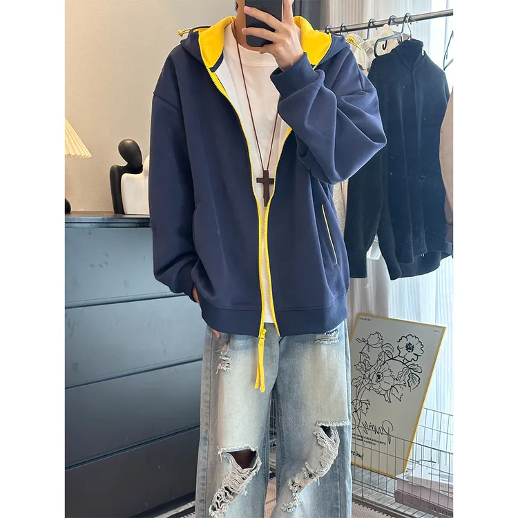藏青色美式连帽卫衣男款秋季设计感拼接外套情侣装大连帽上衣潮牌
