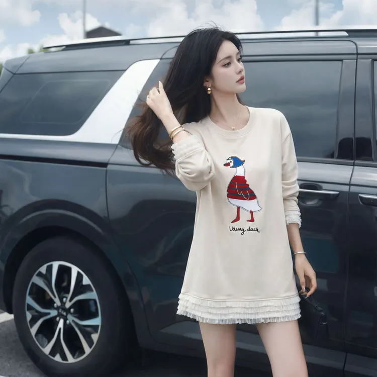 FANRUI/泛芮「妙绘鹅趣」大白鹅图案绣花慵懒中长款长袖上衣B20050