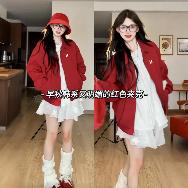 红色棒球服夹克外套女早初秋季2025新款爆款独特漂亮的巨好看上衣