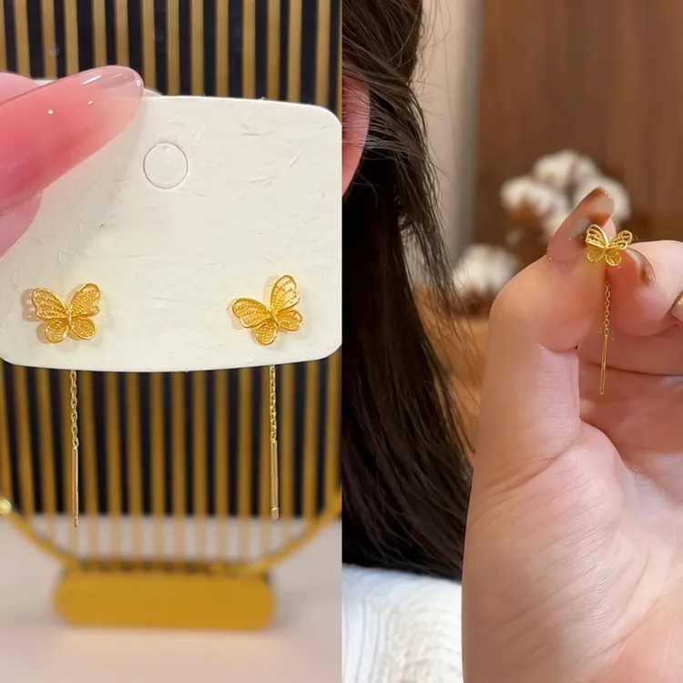 铜合金耳饰 金色蝴蝶耳线简约轻奢百搭温柔高级