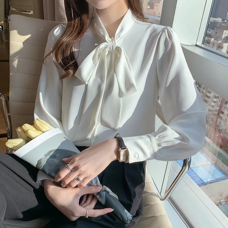 2025春秋白色蝴蝶结飘带衬衫女长袖雪纺超仙洋气衬衣很仙的上衣