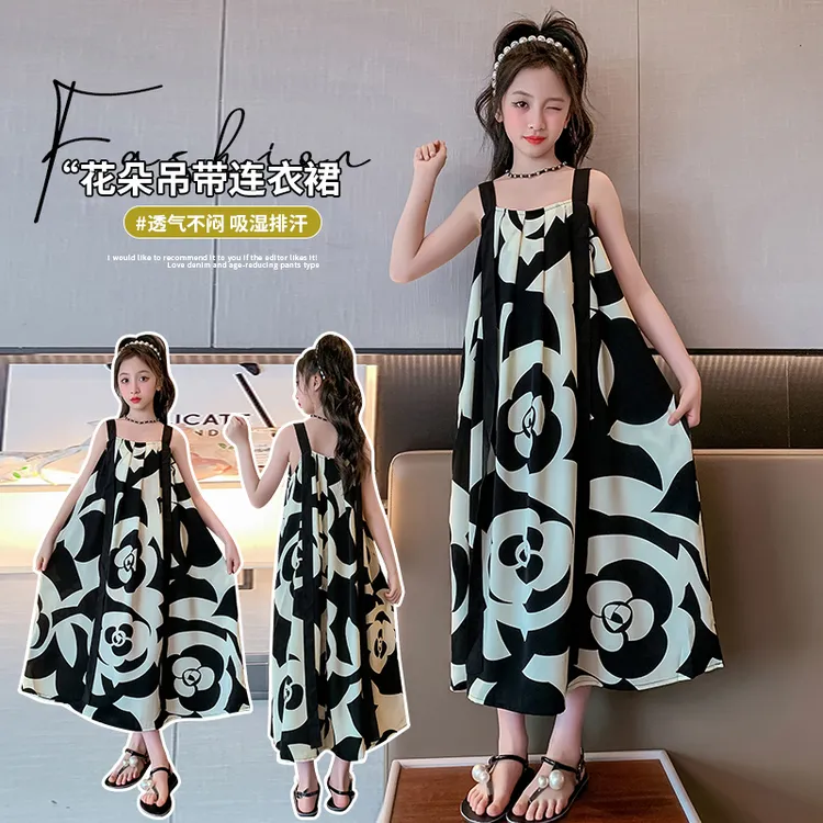 儿童夏装甜美风条纹连衣裙女童户外薄款棉质花朵案中大童夏季裙
