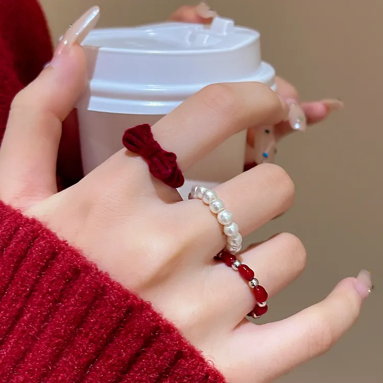 合金戒指 红色丝绒珠珠戒指女甜美食指戒轻奢高级感小众叠戴指环