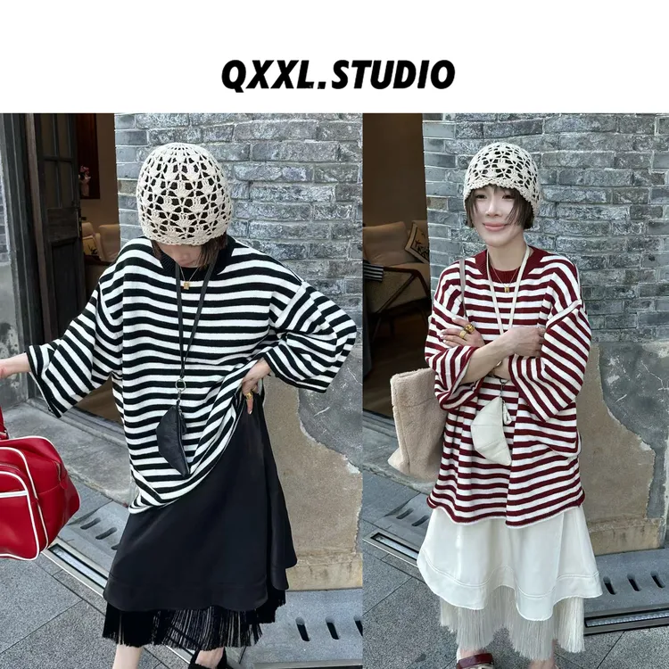 邱小小丽呀 秋季新款韩系圆领条纹针织衫女宽松显瘦内搭毛衣上衣