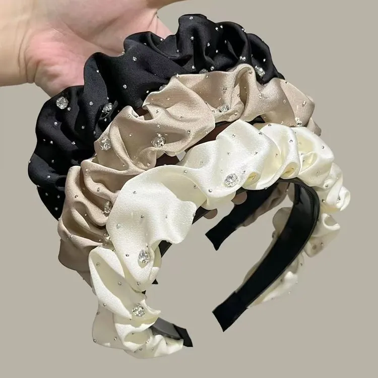 闪钻黑色发箍褶皱高颅顶法式发捆复古洗脸头箍外出百搭网红碎发卡