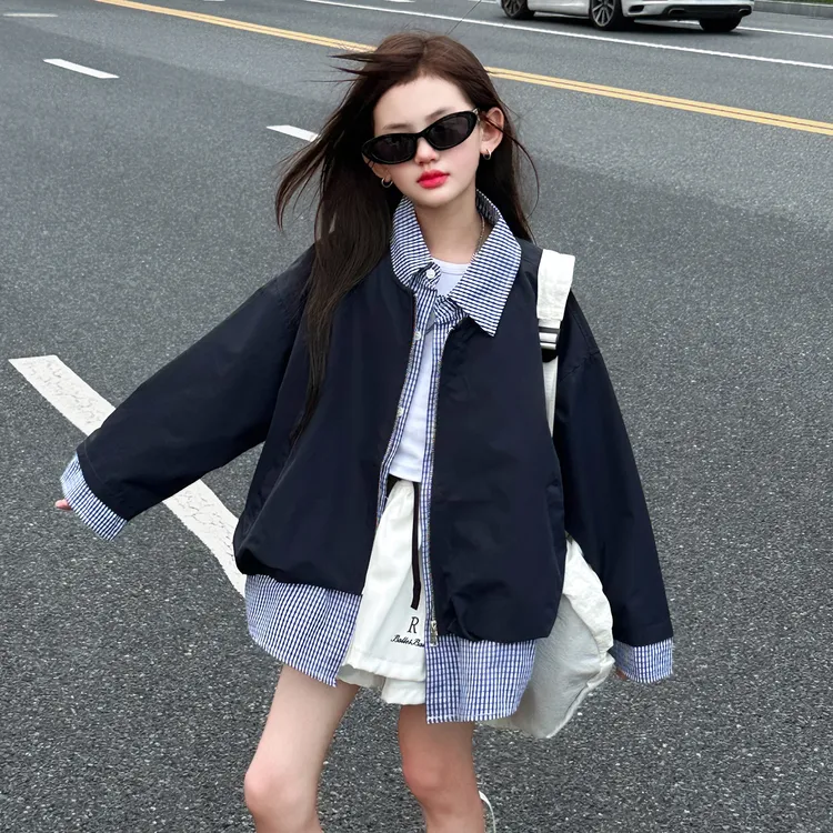 女童秋季2025新款中大童韩系百搭假两件衬衫翻领休闲外套潮