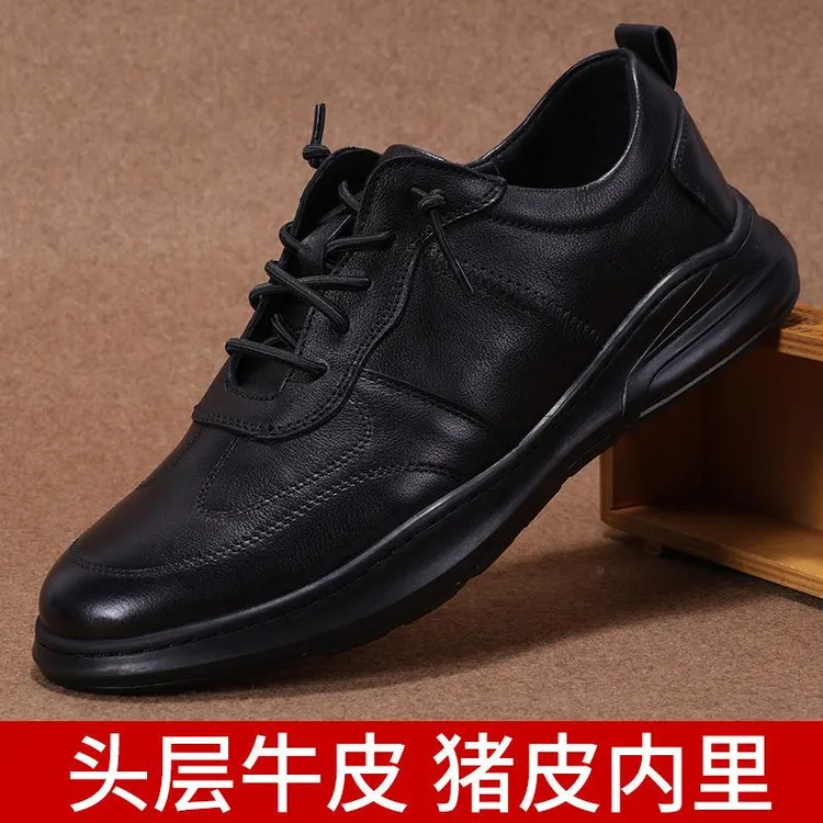 秋季男款黑色商务办公室休闲绑带圆头皮鞋软底橡胶底上线皮鞋