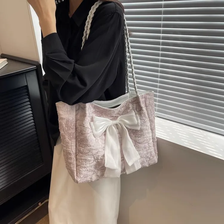 学生上课大容量包包女2025新款潮甜美结托特包休闲丝绸单肩包
