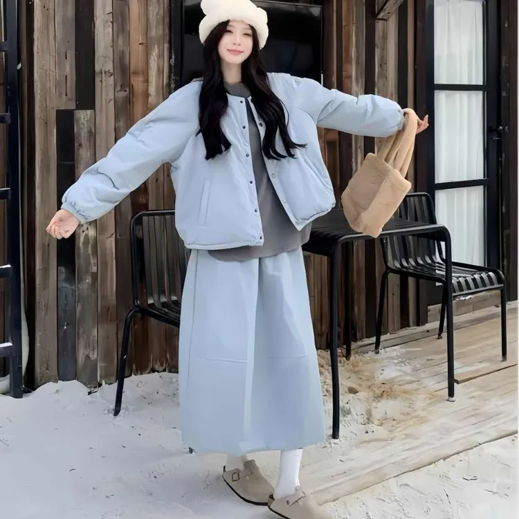 孕妇装2025秋冬爆款复古蓝色连帽卫衣穿搭休闲夹棉外套半裙三件套