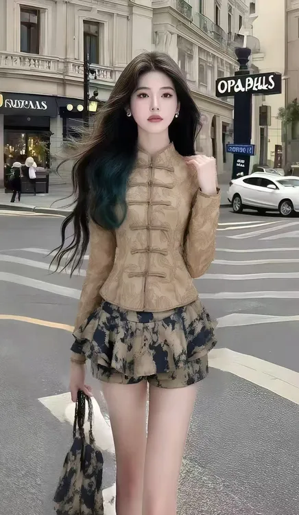 秋季新款小众时尚国风卡其色立领长袖上衣+撞色百搭裤裙女两件套