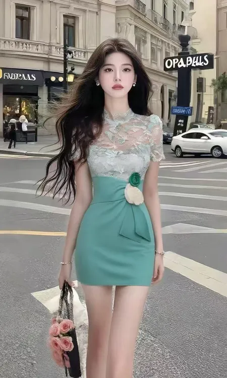 新款时尚绿色修身立领不规则短袖收腰包臀连衣裙女温柔穿搭