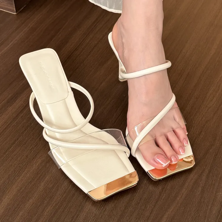 elingstudio 夏日法式！米白方头细带凉鞋女夏2025新款软皮高跟鞋