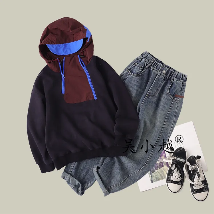 吴小越w1526男童秋装连帽套头拼色卫衣长袖中大童儿童打底衫