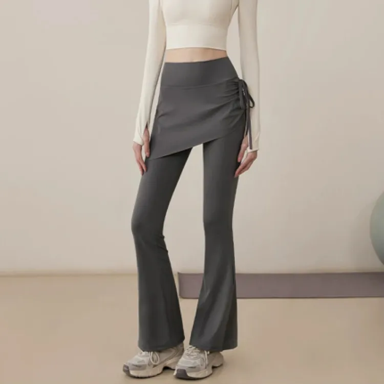 女士修身弹力假两件抽绳高腰提臀喇叭裙裤瑜伽休闲打底裤