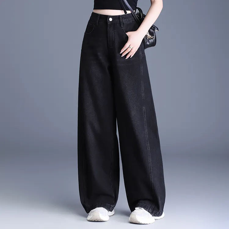 秋冬时尚气质黑色阔腿显瘦高腰宽松遮胯宽腿粗加绒小个子牛仔裤女