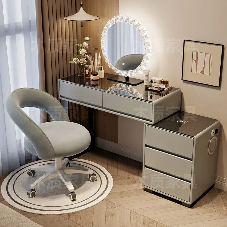 新款实木智能梳妆台现代简约奶油风转角化妆桌斗柜一体2025新款桌