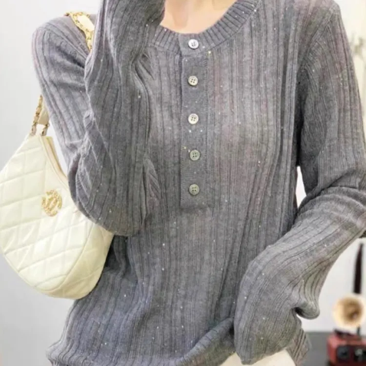 纯色薄款常规套衫秋冬长袖针织衫女宽松休闲常规款衫ins上衣毛衣