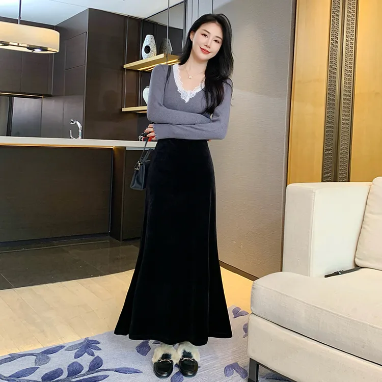 鱼尾金丝绒半身裙女秋季2025新款垂感高腰显瘦垂感长裙a字裙伞裙