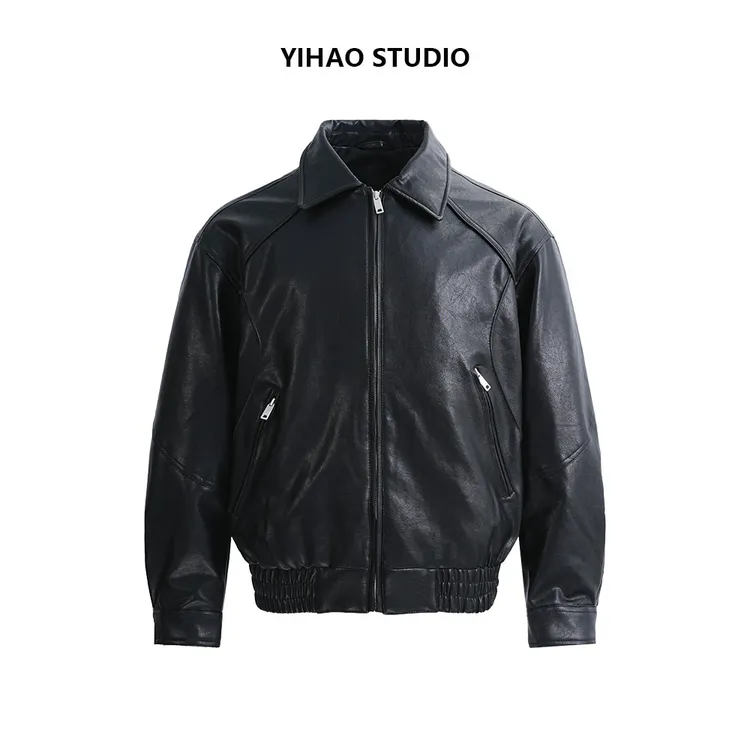YIHAO STUDIO秋冬男款高级简约Cleanfit羽绒服百搭休闲PU皮衣外套