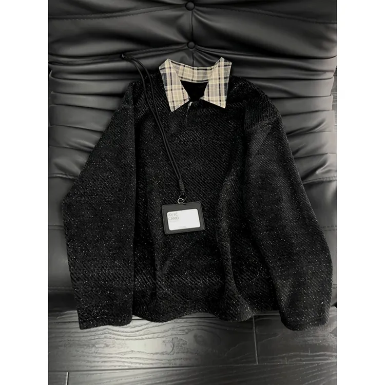 假两件衬衫领卫衣男款秋冬季美式复古拼接格子加绒长袖内搭上衣