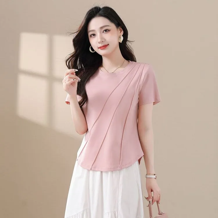 粉色夏季新款优雅气质时尚设计感百搭宽松显瘦圆领短袖T恤女上衣