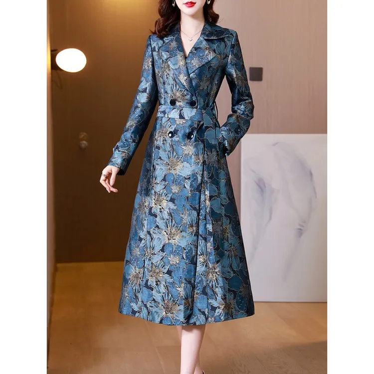 2025年春秋新款高级感提花风衣外套女中长款高端贵夫人阔太太大衣