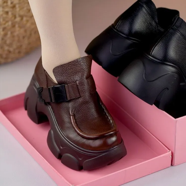 小个子松糕厚底增高单鞋女秋季新款休闲皮鞋圆头皮带扣深口鞋